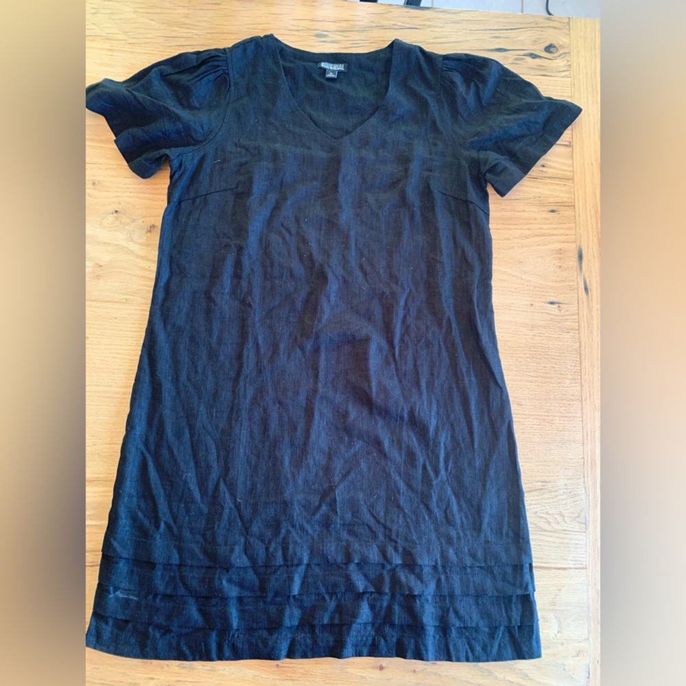 Nicole Miller Black Linen Dress Tunic Short Sleeveโ TUCK Hem Womenโs M pre